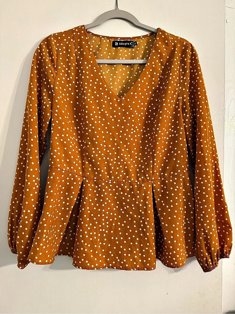 Allegra K Polka Dot Long Sleeve Blouse in Orange & White Size Medium